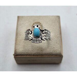 Silver  Tone Thunderbird Ring With Faux Turquoise Stone